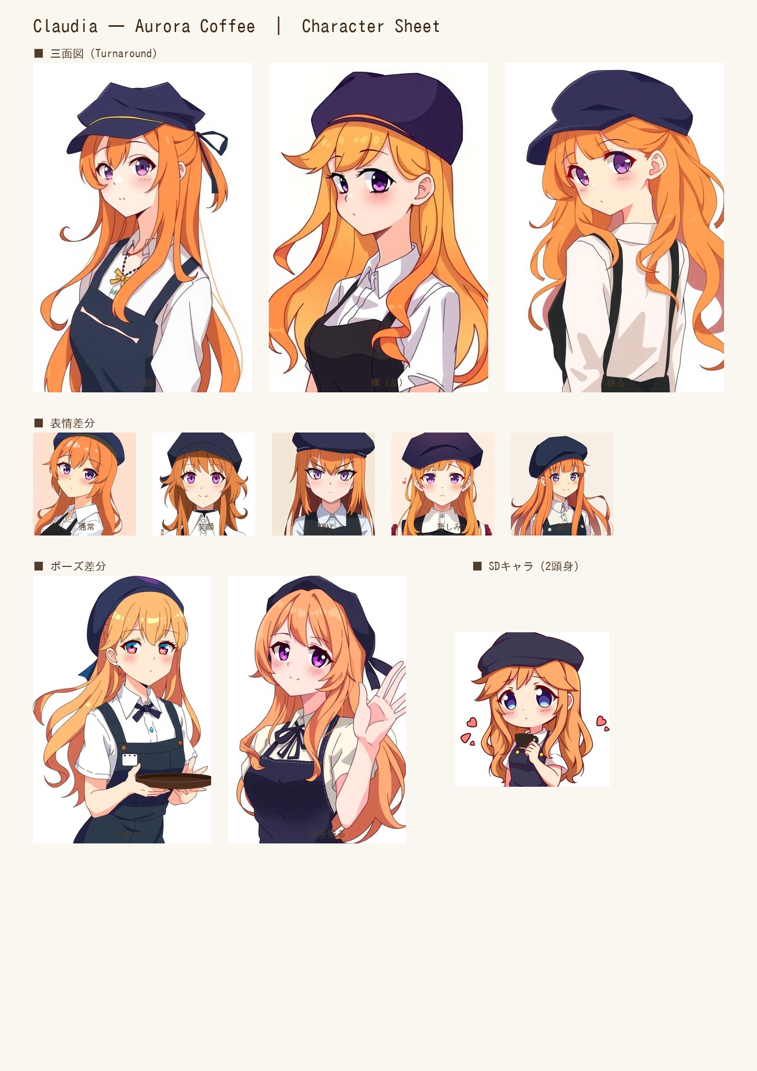 Claudia character sheet — turnaround, expressions, poses, chibi